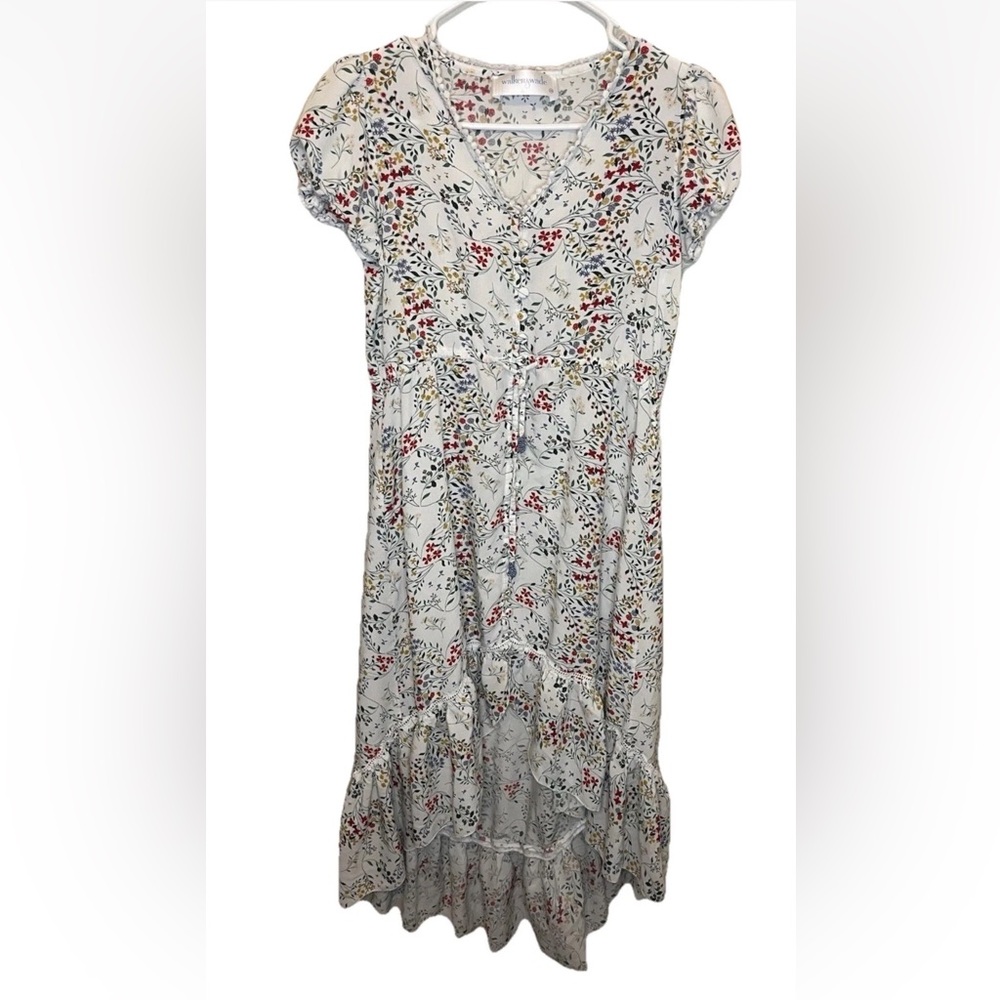 Walker & Wade White Red Floral V-Neck Ruffle Hem Dress High Low Size XS EUC